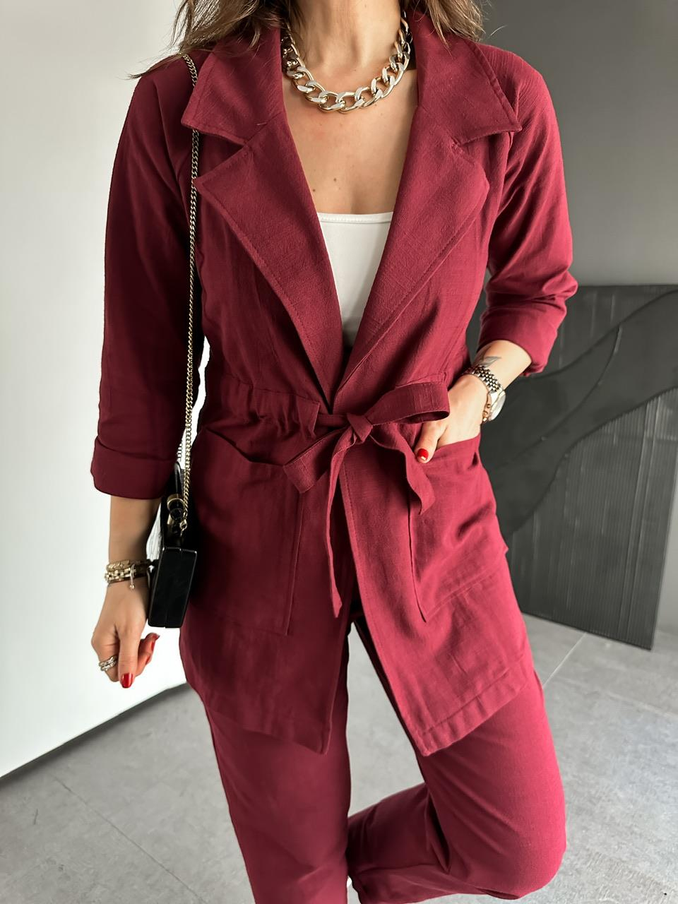 Bordo Beli Kuşaklı Keten Şık Takım