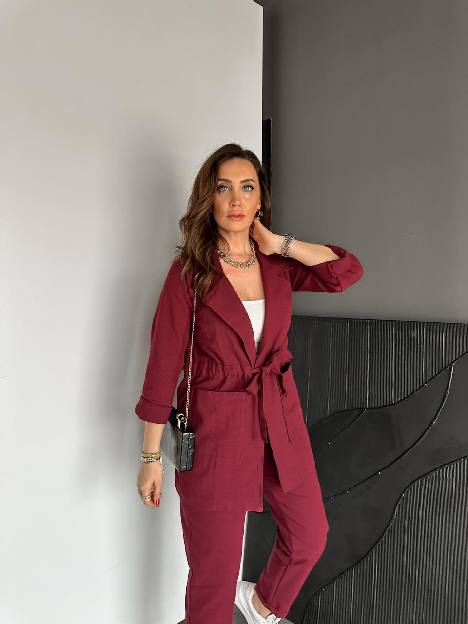 Bordo Beli Kuşaklı Keten Şık Takım