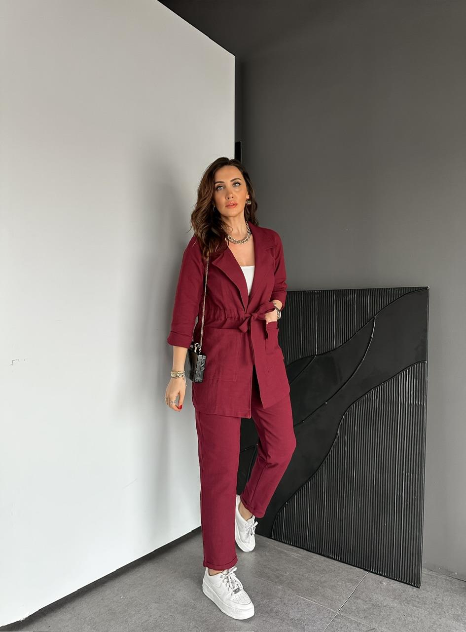 Bordo Beli Kuşaklı Keten Şık Takım