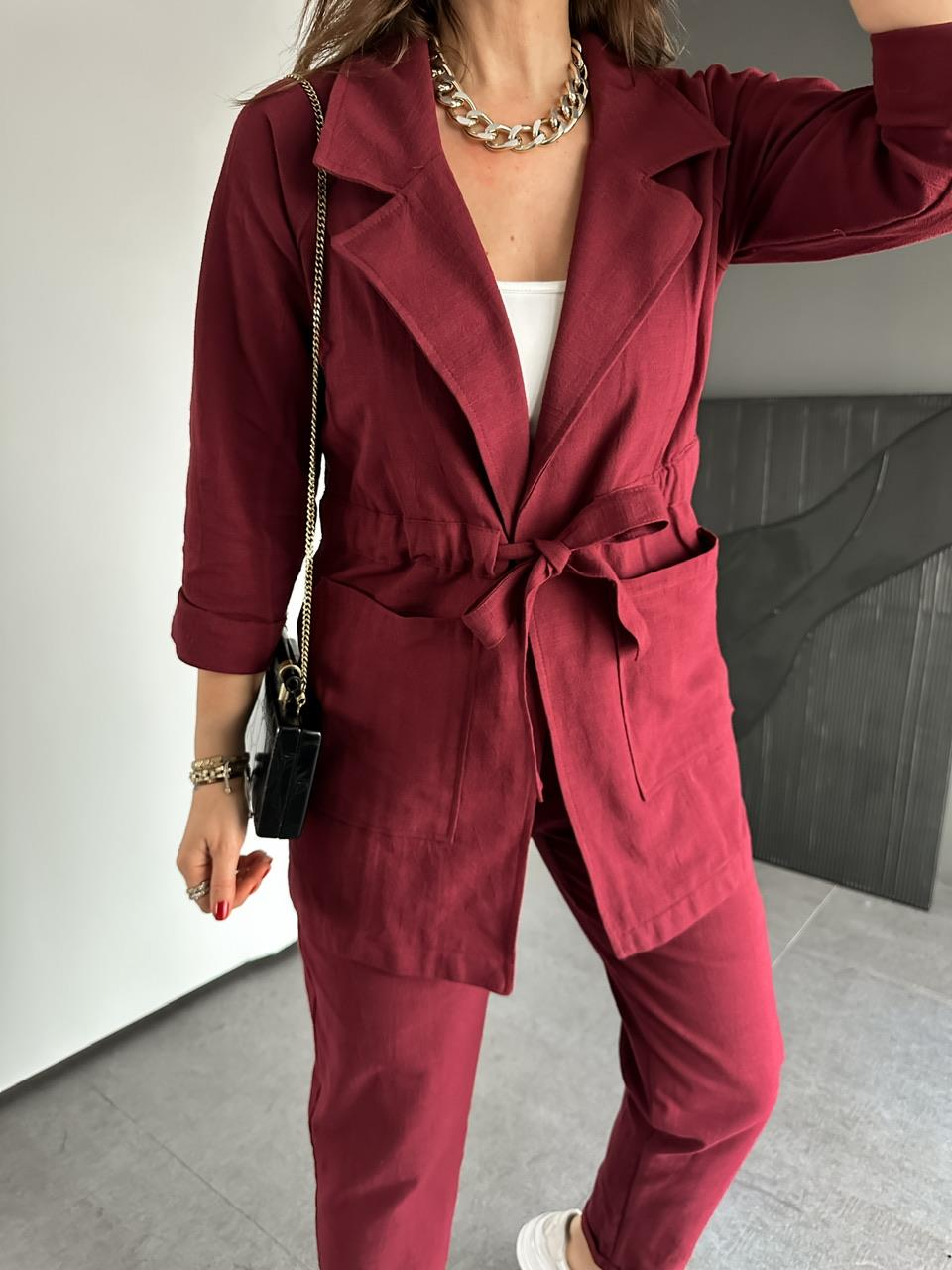Bordo Beli Kuşaklı Keten Şık Takım