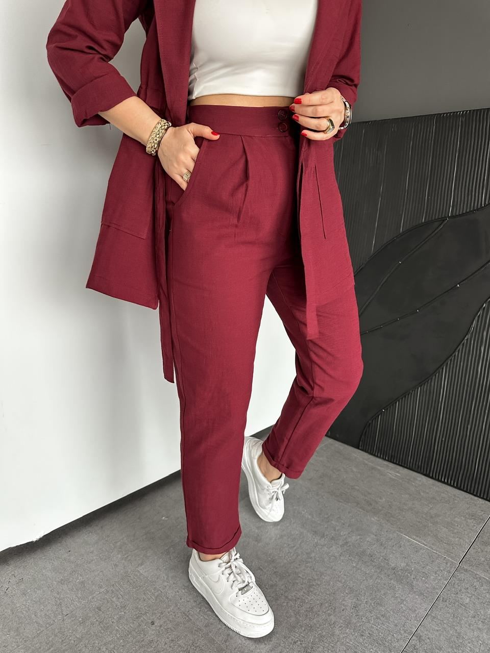 Bordo Beli Kuşaklı Keten Şık Takım