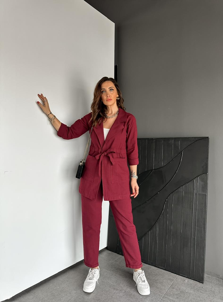 Bordo Beli Kuşaklı Keten Şık Takım