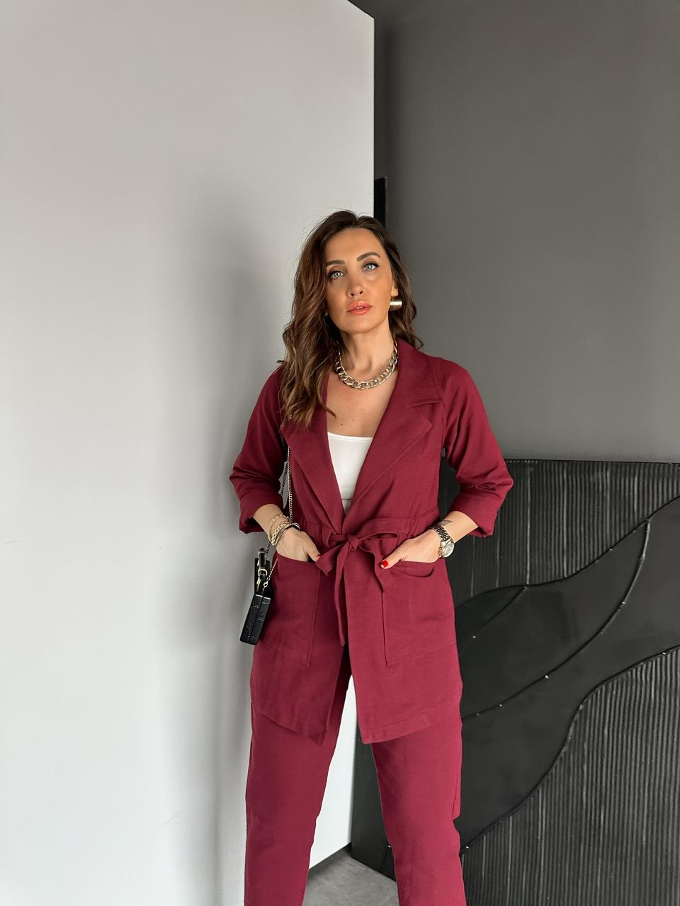Bordo Beli Kuşaklı Keten Şık Takım