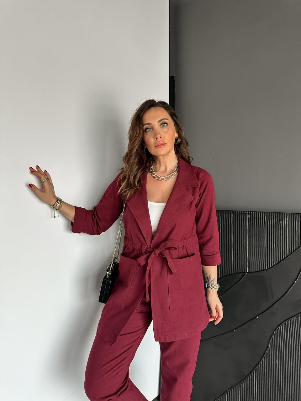 Bordo Beli Kuşaklı Keten Şık Takım
