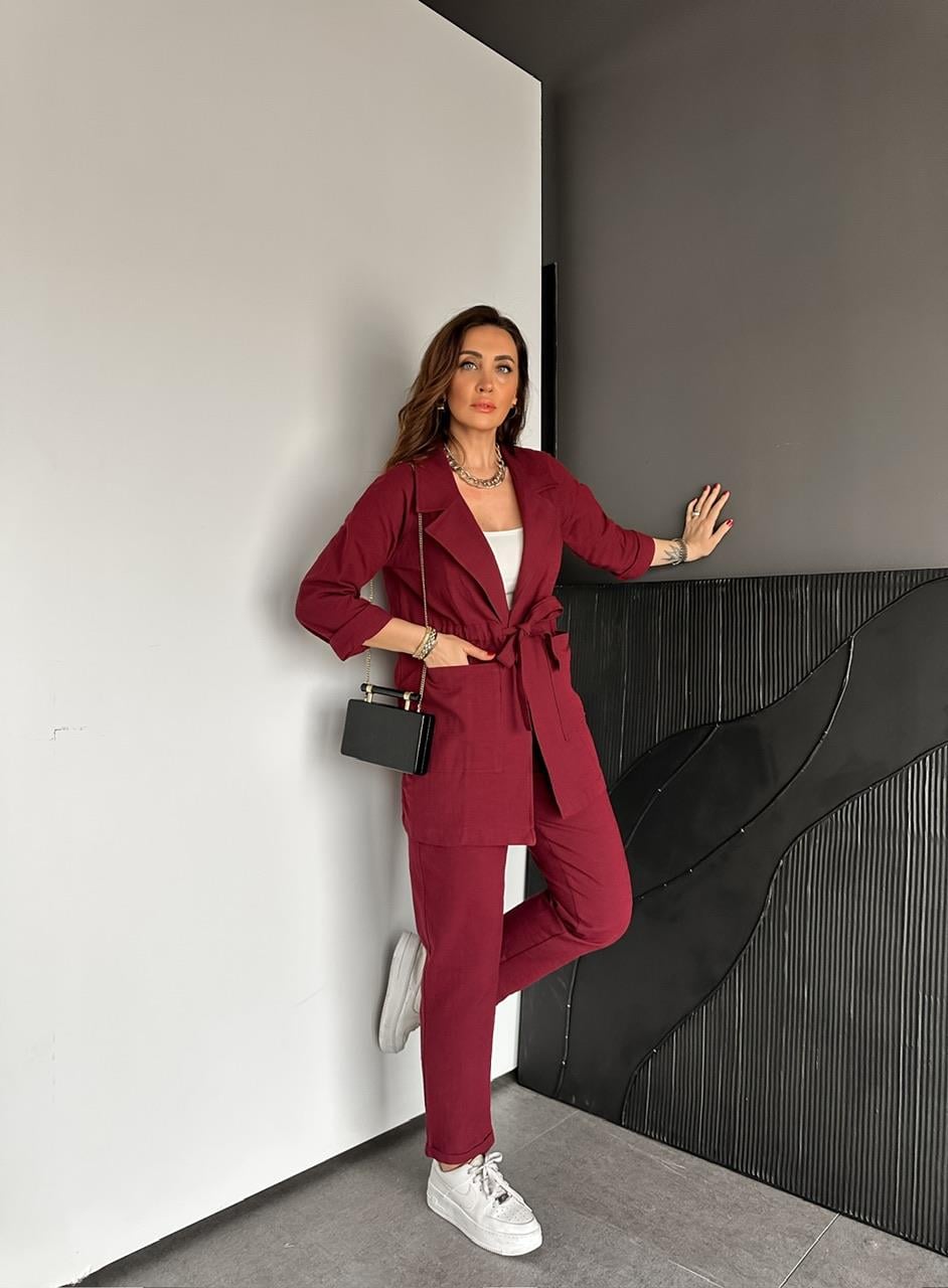 Bordo Beli Kuşaklı Keten Şık Takım
