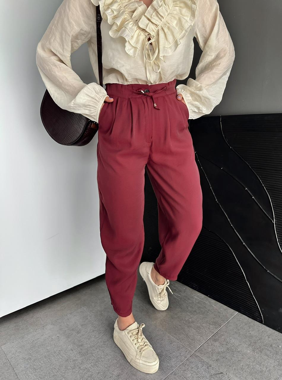 Bordo Beli Lastikli Basic Bol Pantolon