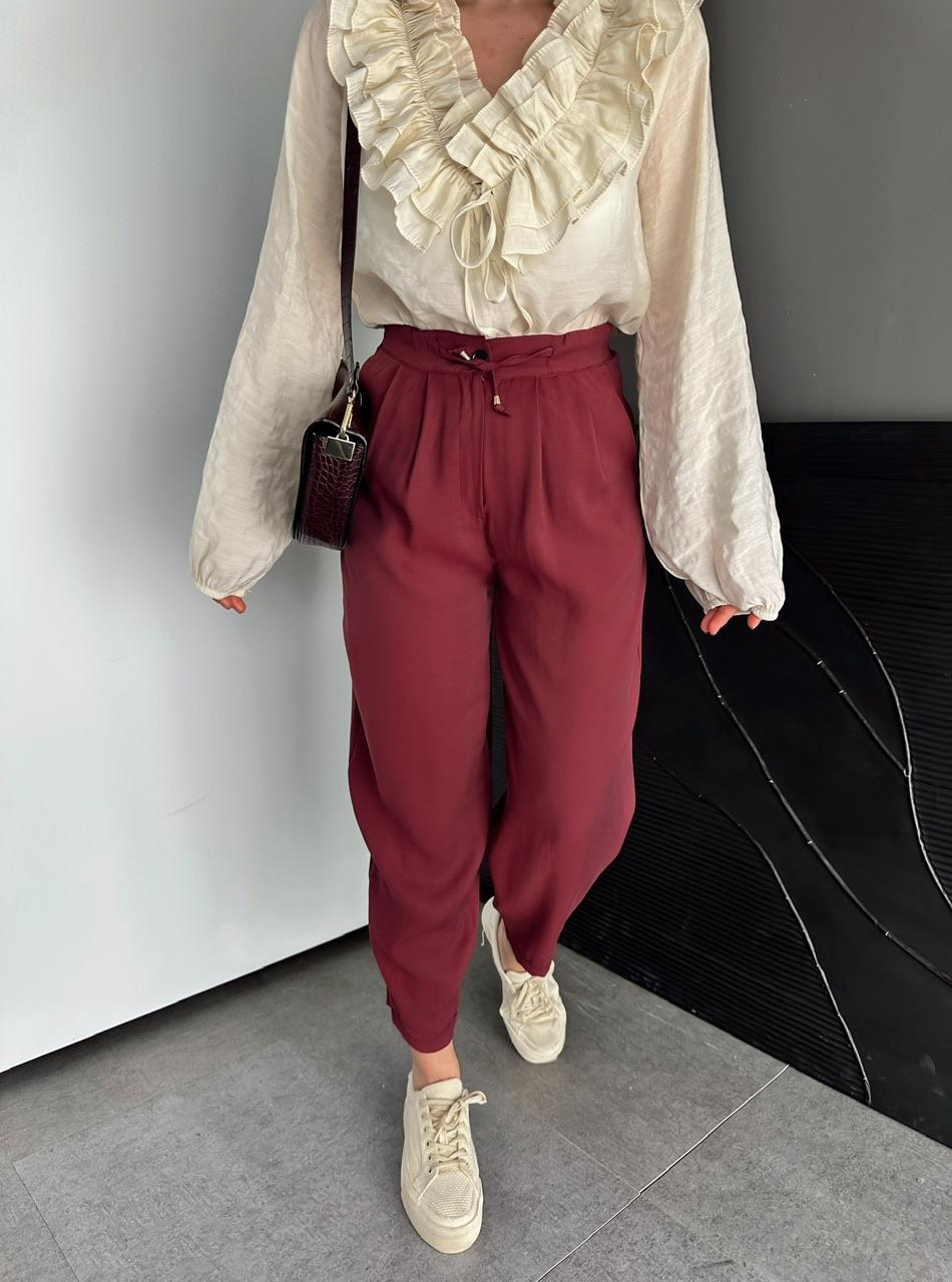 Bordo Beli Lastikli Basic Bol Pantolon