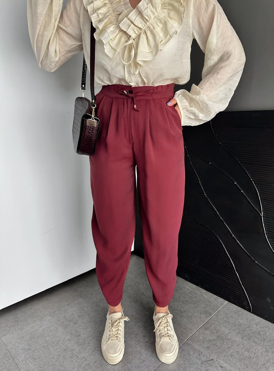Bordo Beli Lastikli Basic Bol Pantolon