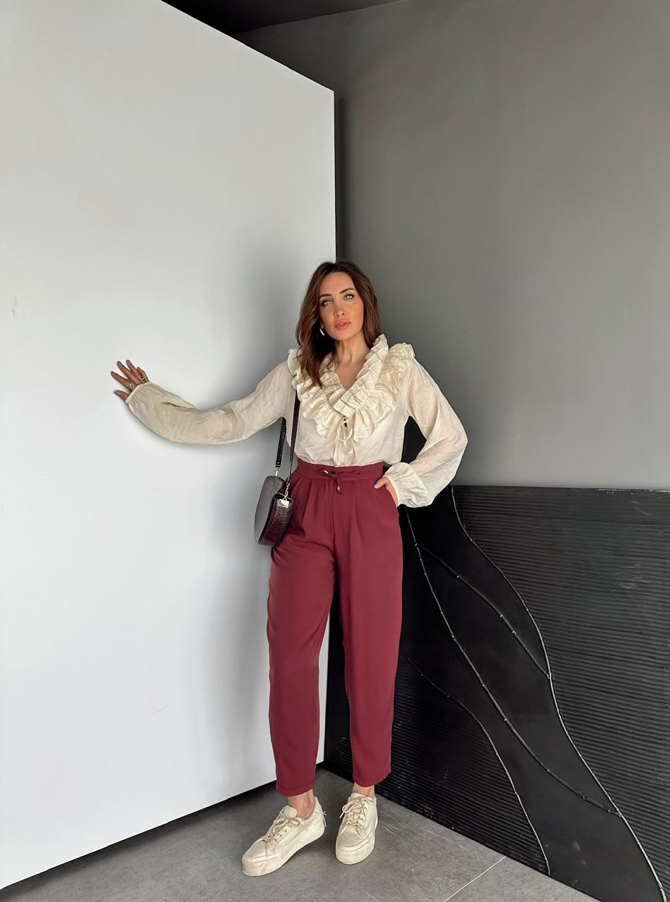 Bordo Beli Lastikli Basic Bol Pantolon