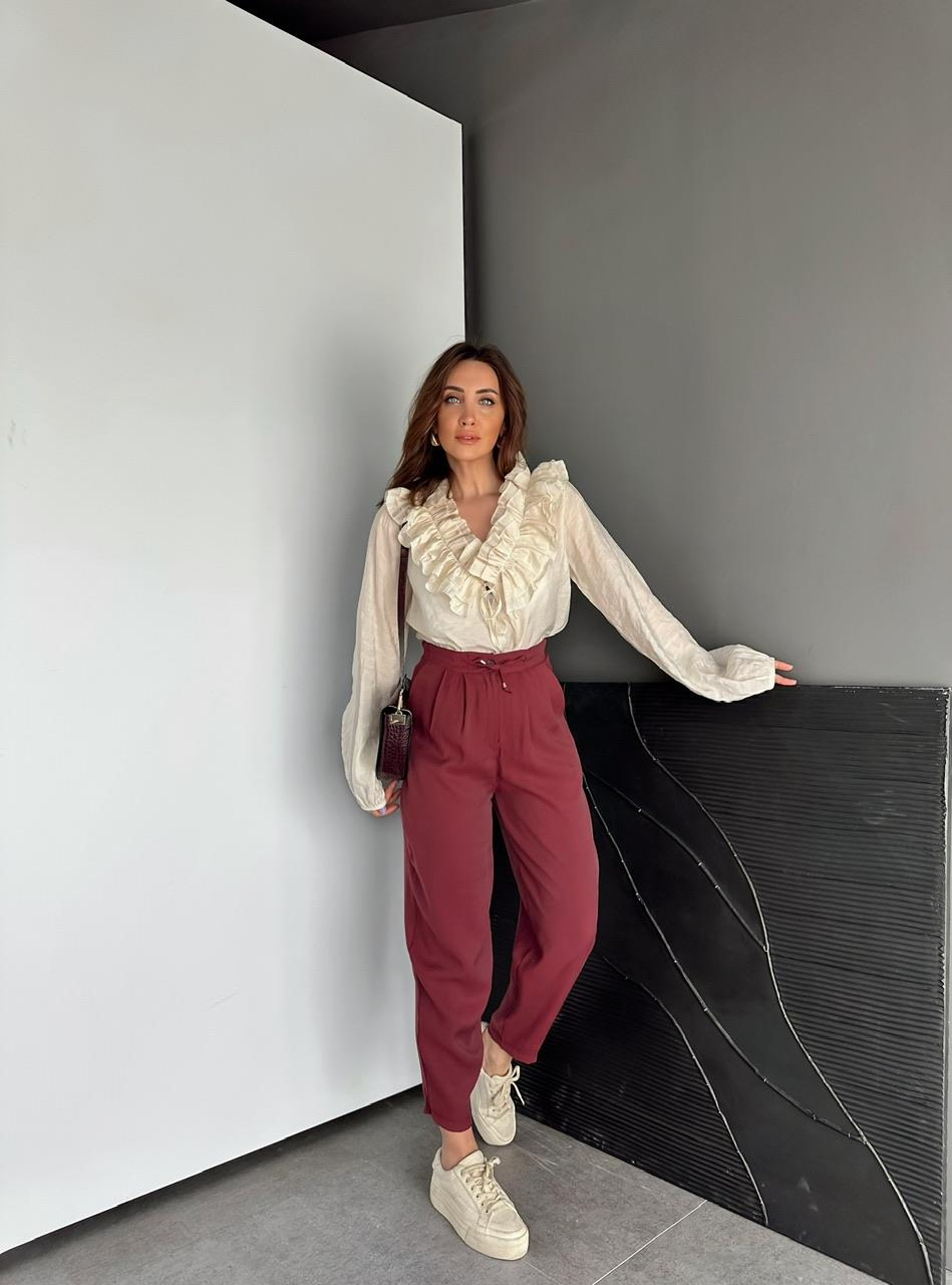 Bordo Beli Lastikli Basic Bol Pantolon