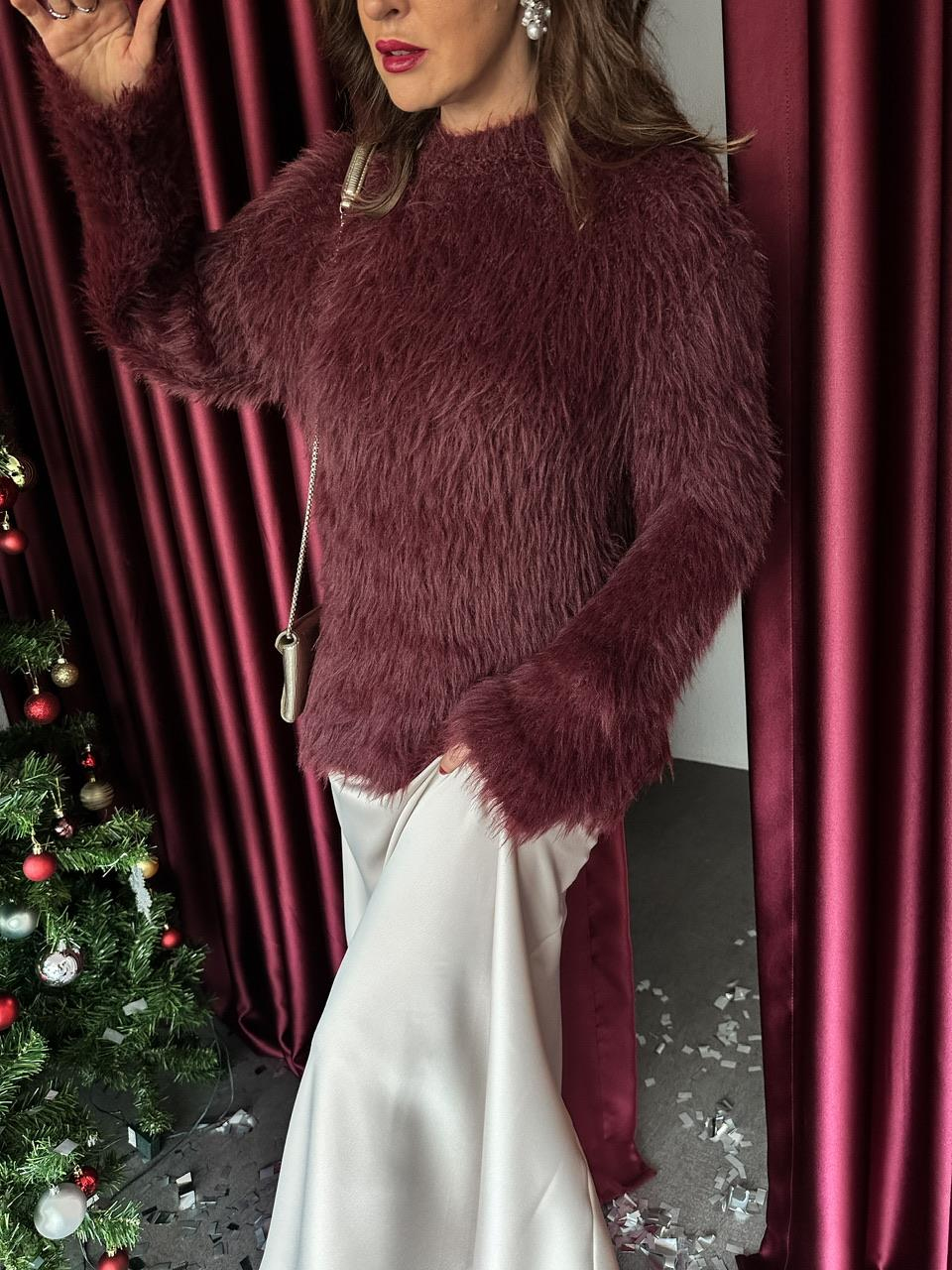 Bordo Bisiklet Yaka Oversize Peluş Kazak