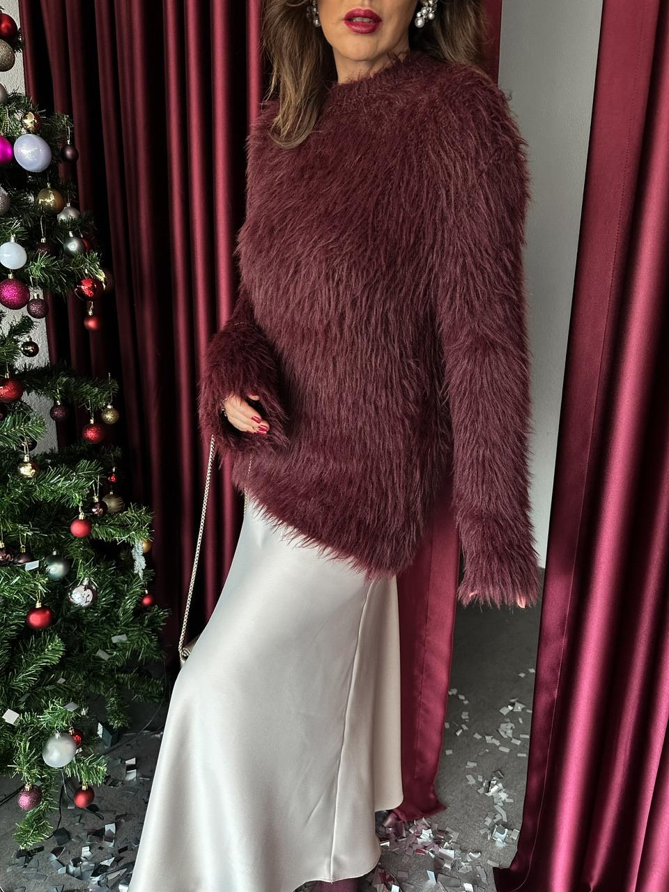 Bordo Bisiklet Yaka Oversize Peluş Kazak