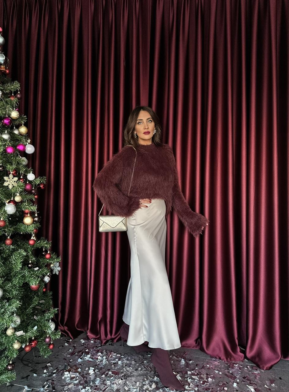 Bordo Bisiklet Yaka Oversize Peluş Kazak