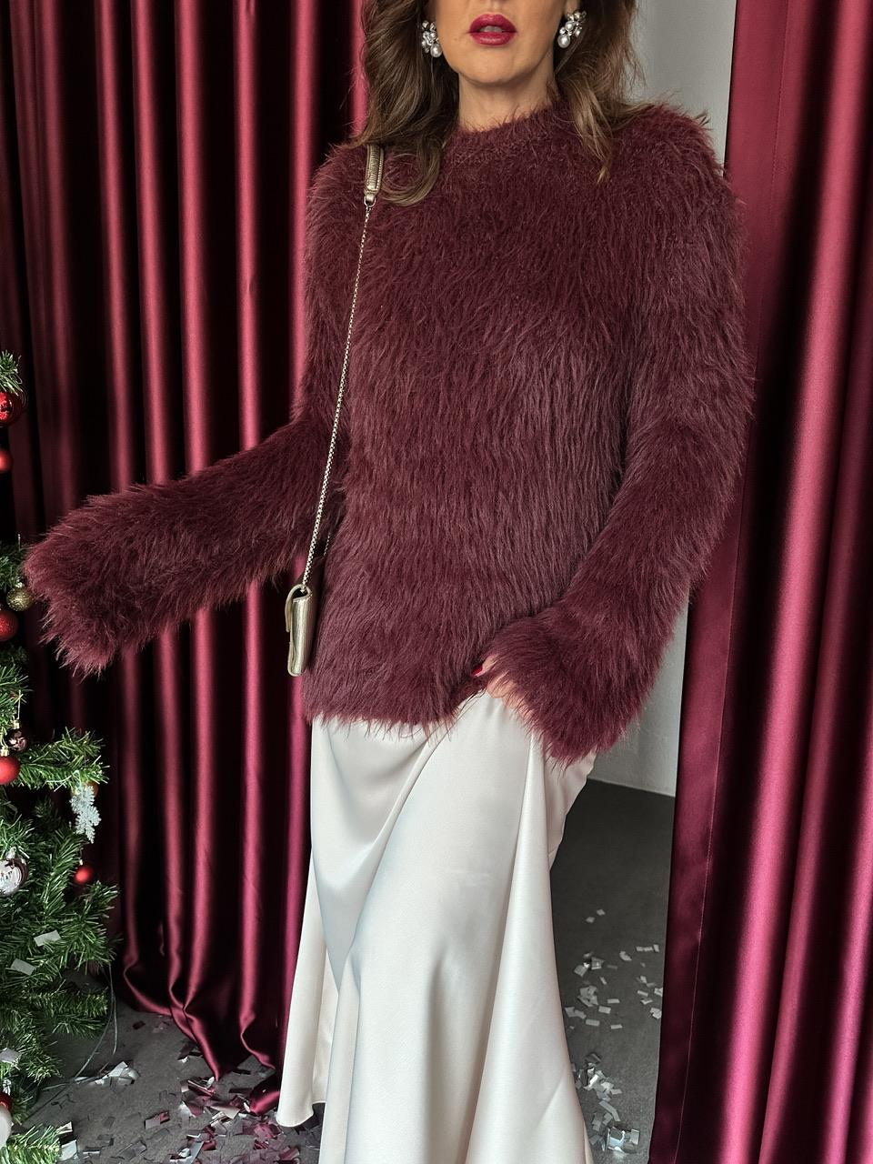 Bordo Bisiklet Yaka Oversize Peluş Kazak