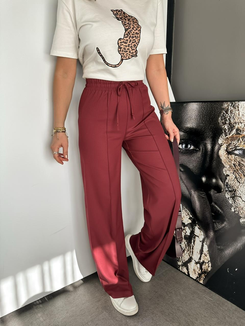 Bordo Bol Kesim Çımalı Pantolon