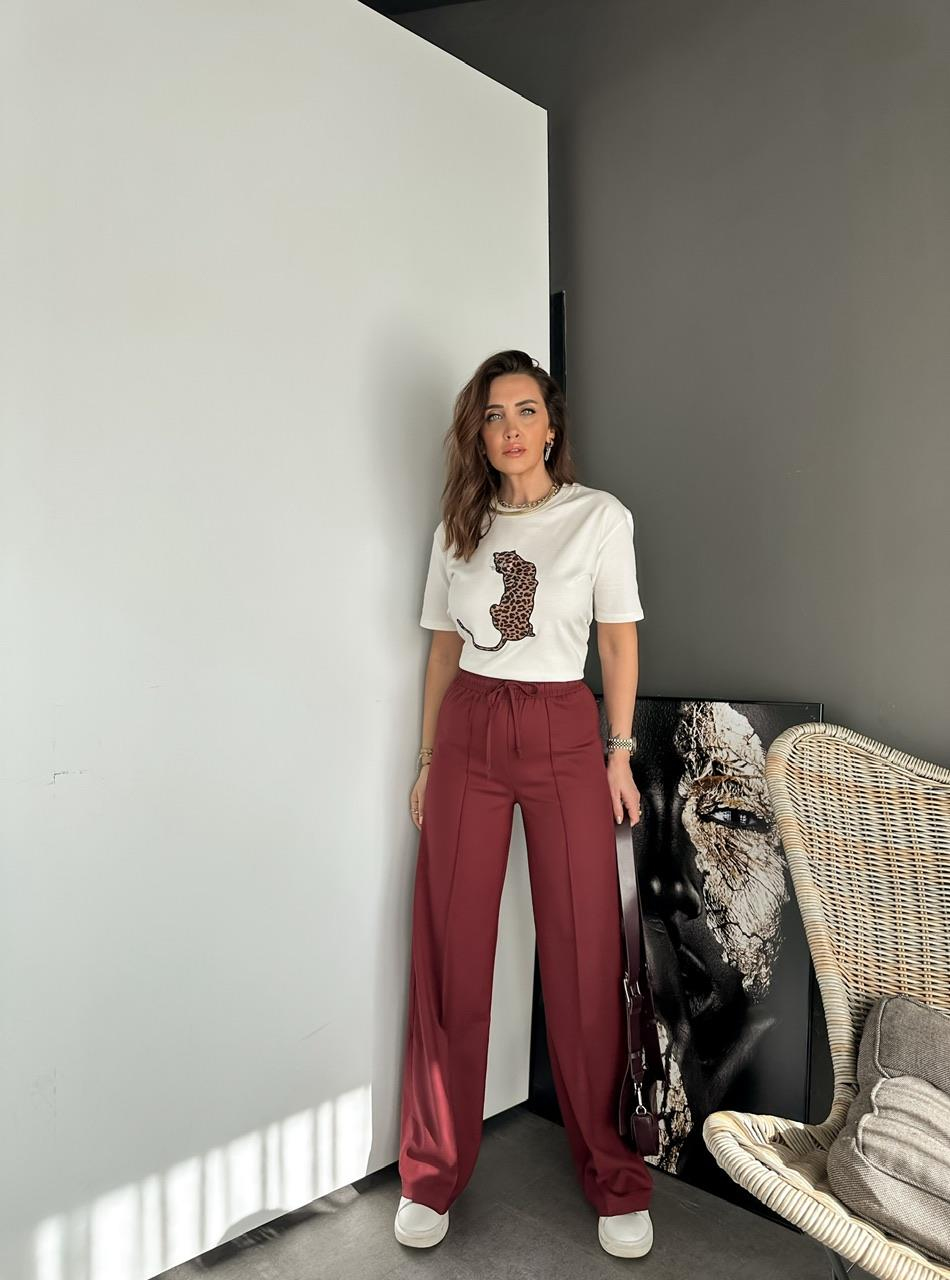 Bordo Bol Kesim Çımalı Pantolon