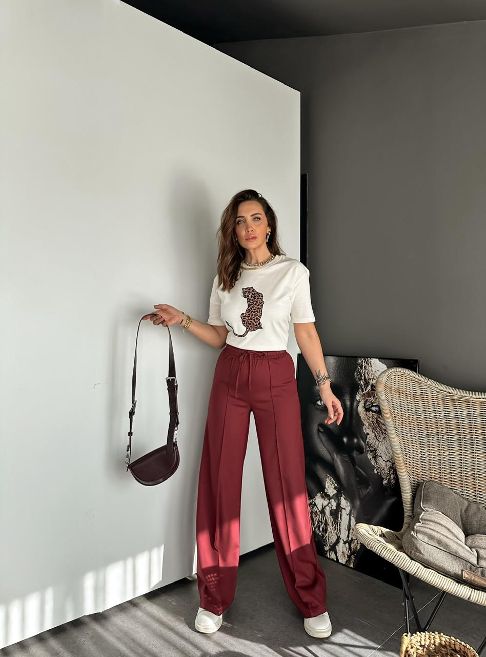 Bordo Bol Kesim Çımalı Pantolon