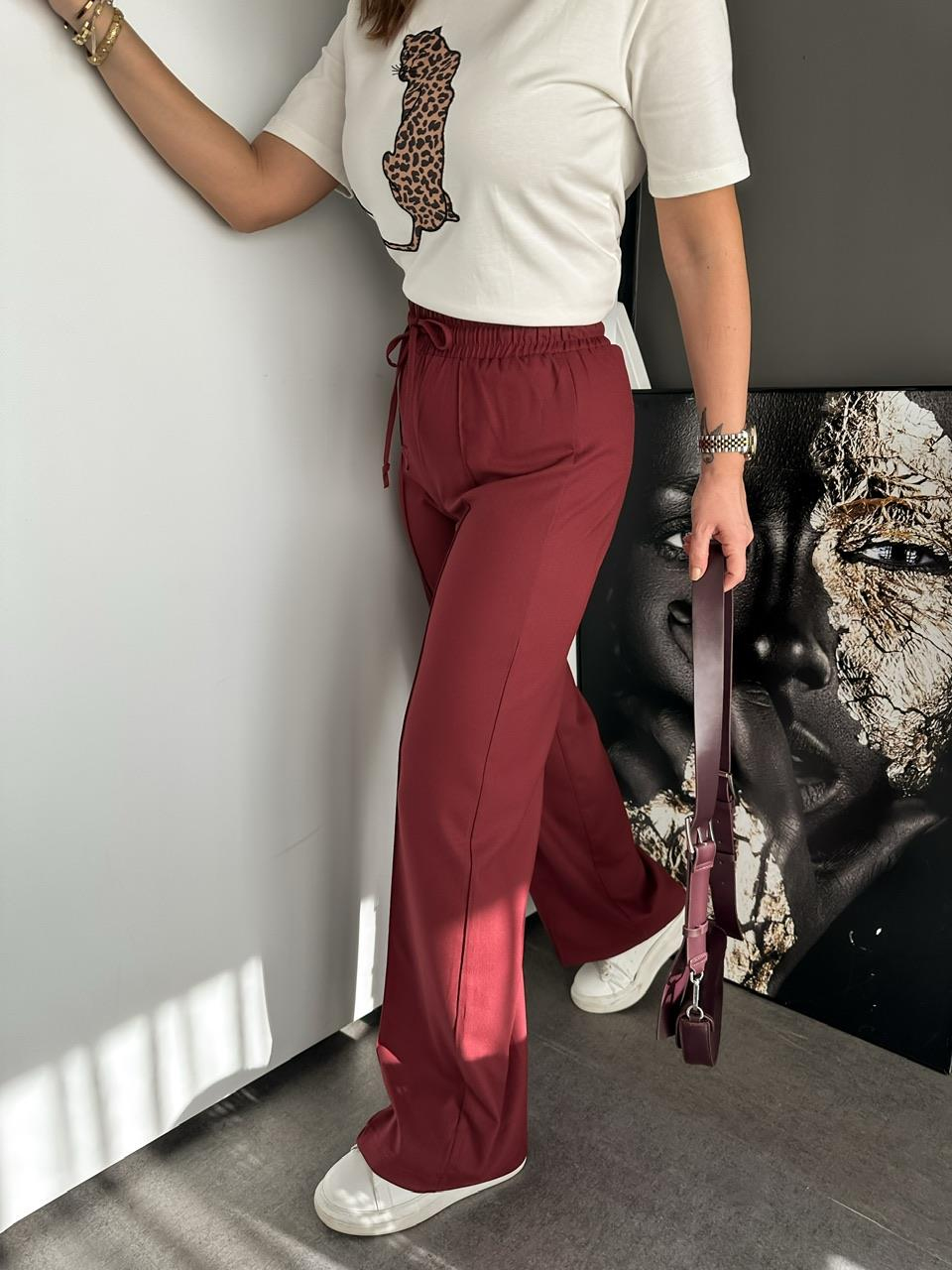 Bordo Bol Kesim Çımalı Pantolon