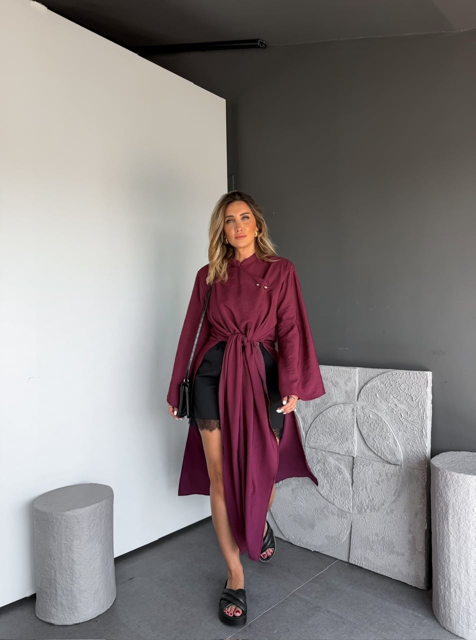 Bordo Broşlu Yırtmaçlı Uzun Kimona