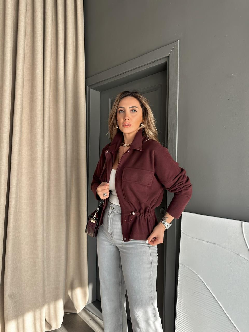 Bordo Büzgülü Kaşkorse Ceket