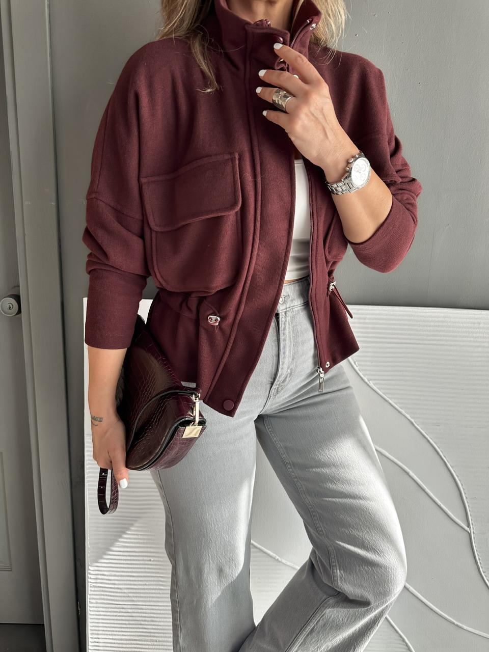 Bordo Büzgülü Kaşkorse Ceket