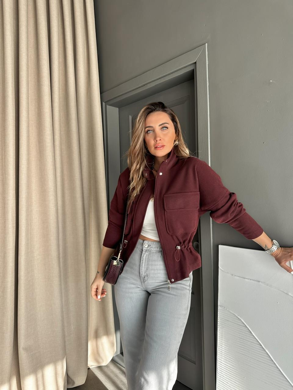 Bordo Büzgülü Kaşkorse Ceket