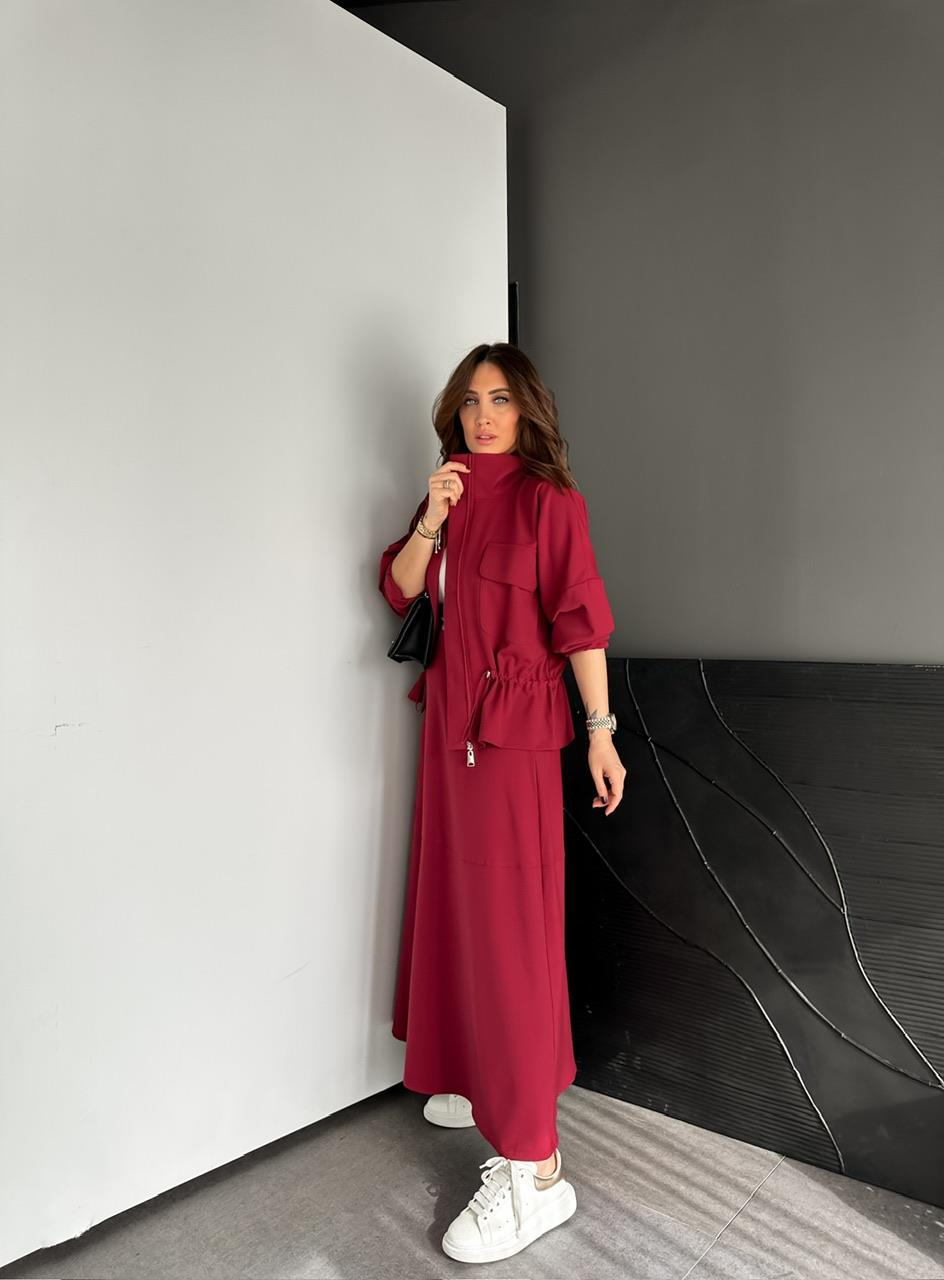 Bordo Büzülebilir Ceket Etek Takım