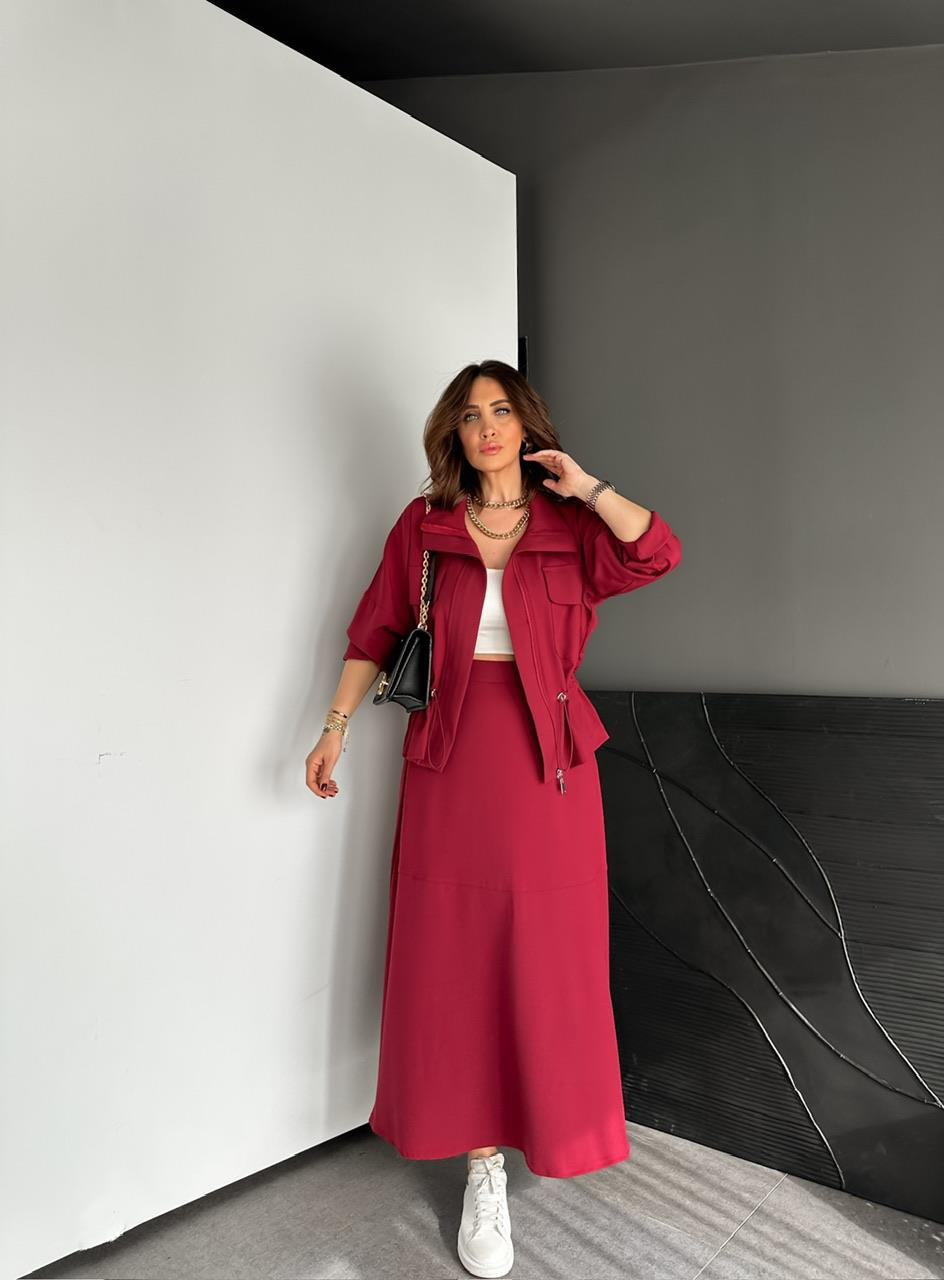 Bordo Büzülebilir Ceket Etek Takım