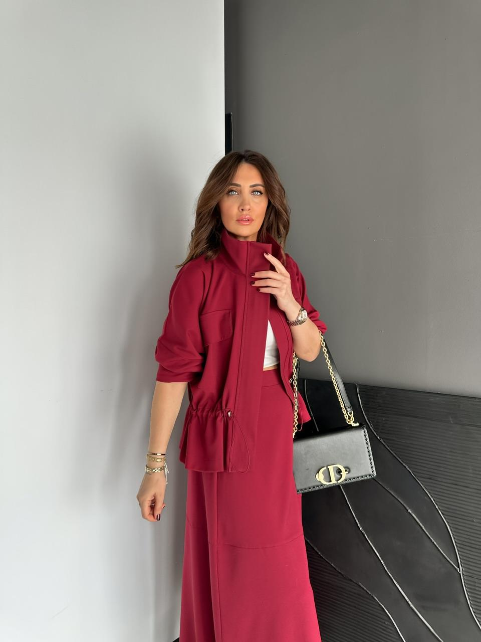 Bordo Büzülebilir Ceket Etek Takım