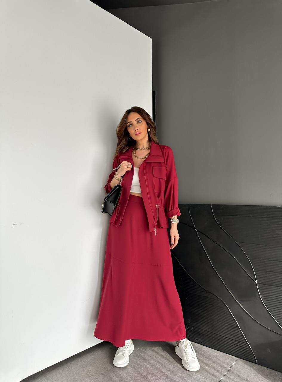 Bordo Büzülebilir Ceket Etek Takım