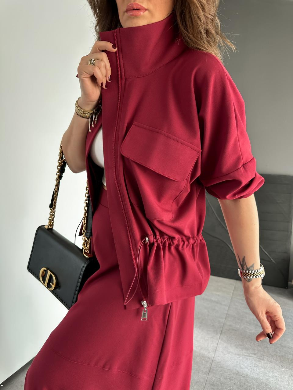 Bordo Büzülebilir Ceket Etek Takım