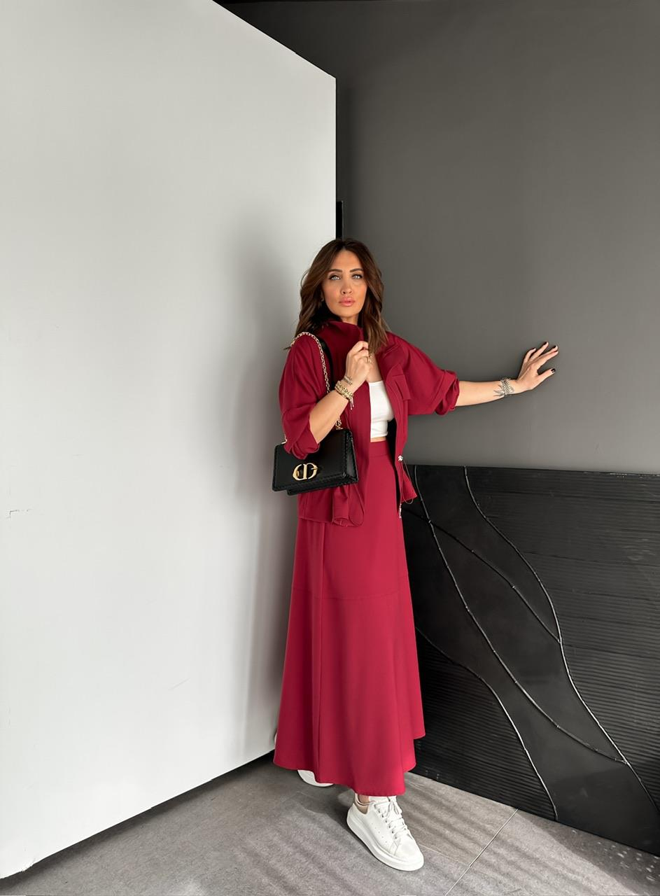 Bordo Büzülebilir Ceket Etek Takım