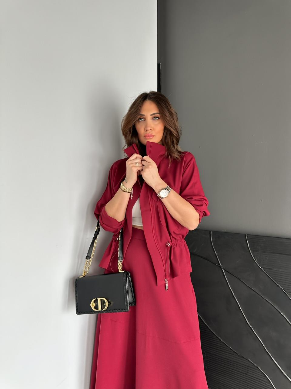 Bordo Büzülebilir Ceket Etek Takım