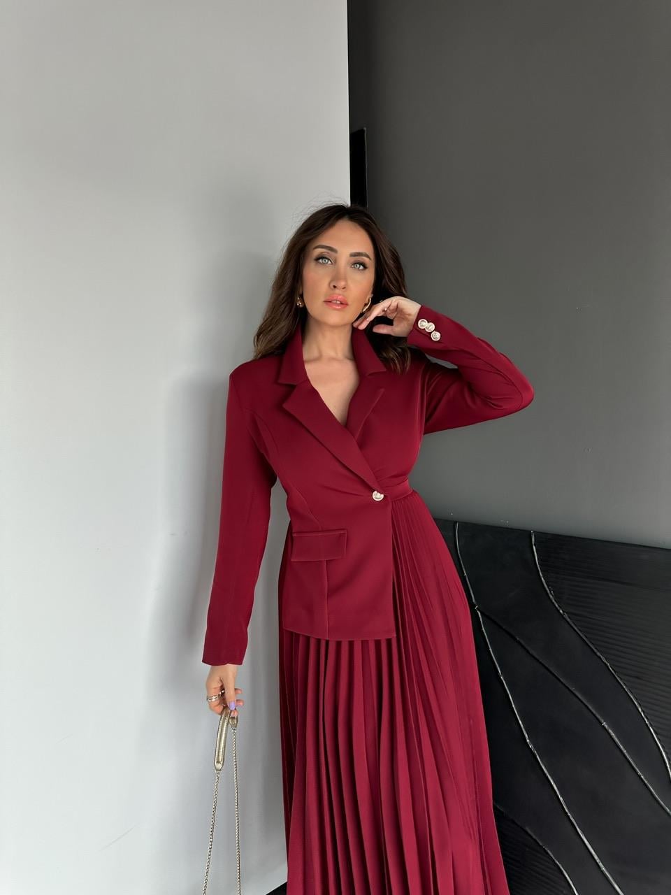 Bordo Ceket Etek Görünümlü Elbise