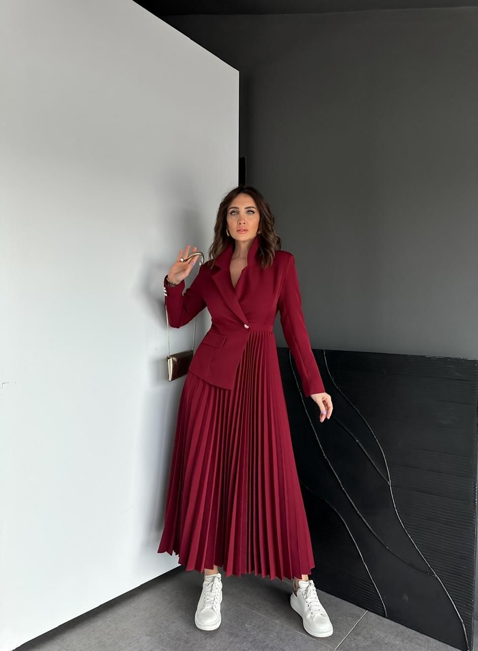 Bordo Ceket Etek Görünümlü Elbise