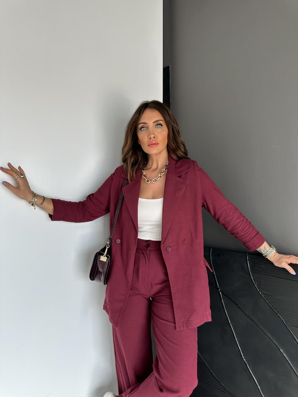 Bordo Ceket Pantolon Keten Şık Takım