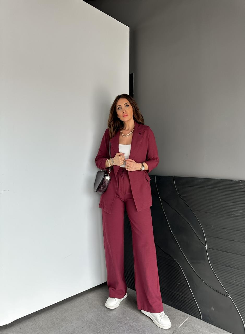 Bordo Ceket Pantolon Keten Şık Takım