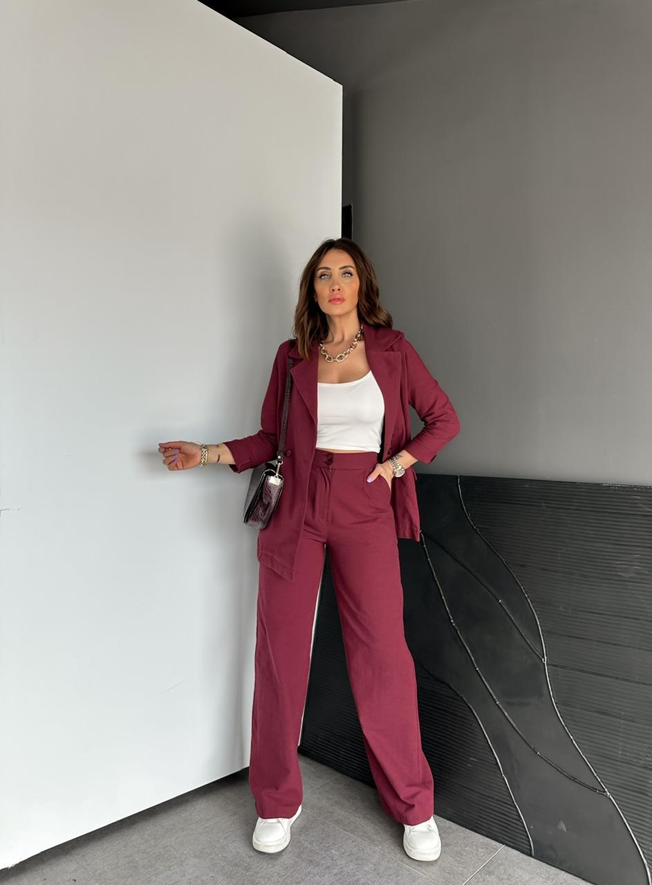 Bordo Ceket Pantolon Keten Şık Takım