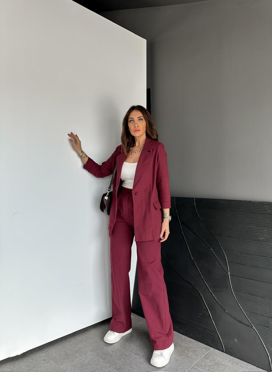 Bordo Ceket Pantolon Keten Şık Takım