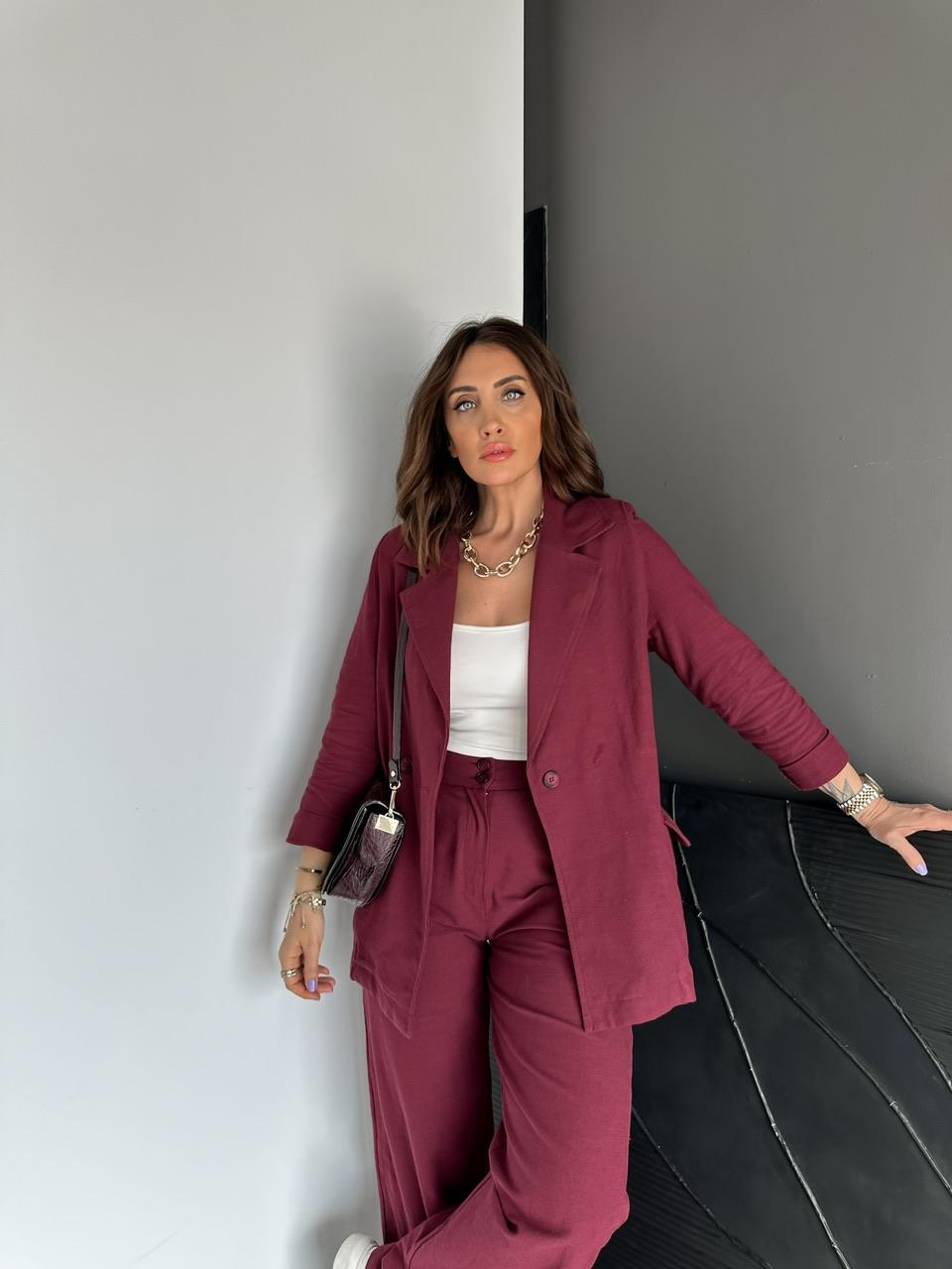 Bordo Ceket Pantolon Keten Şık Takım