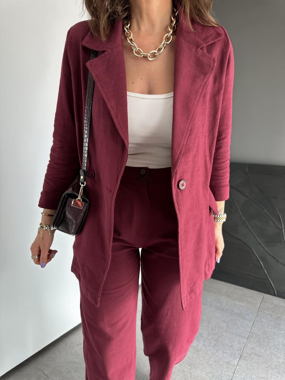 Bordo Ceket Pantolon Keten Şık Takım