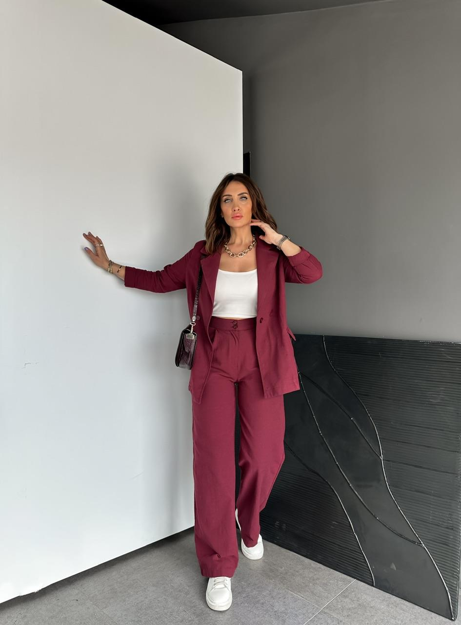 Bordo Ceket Pantolon Keten Şık Takım