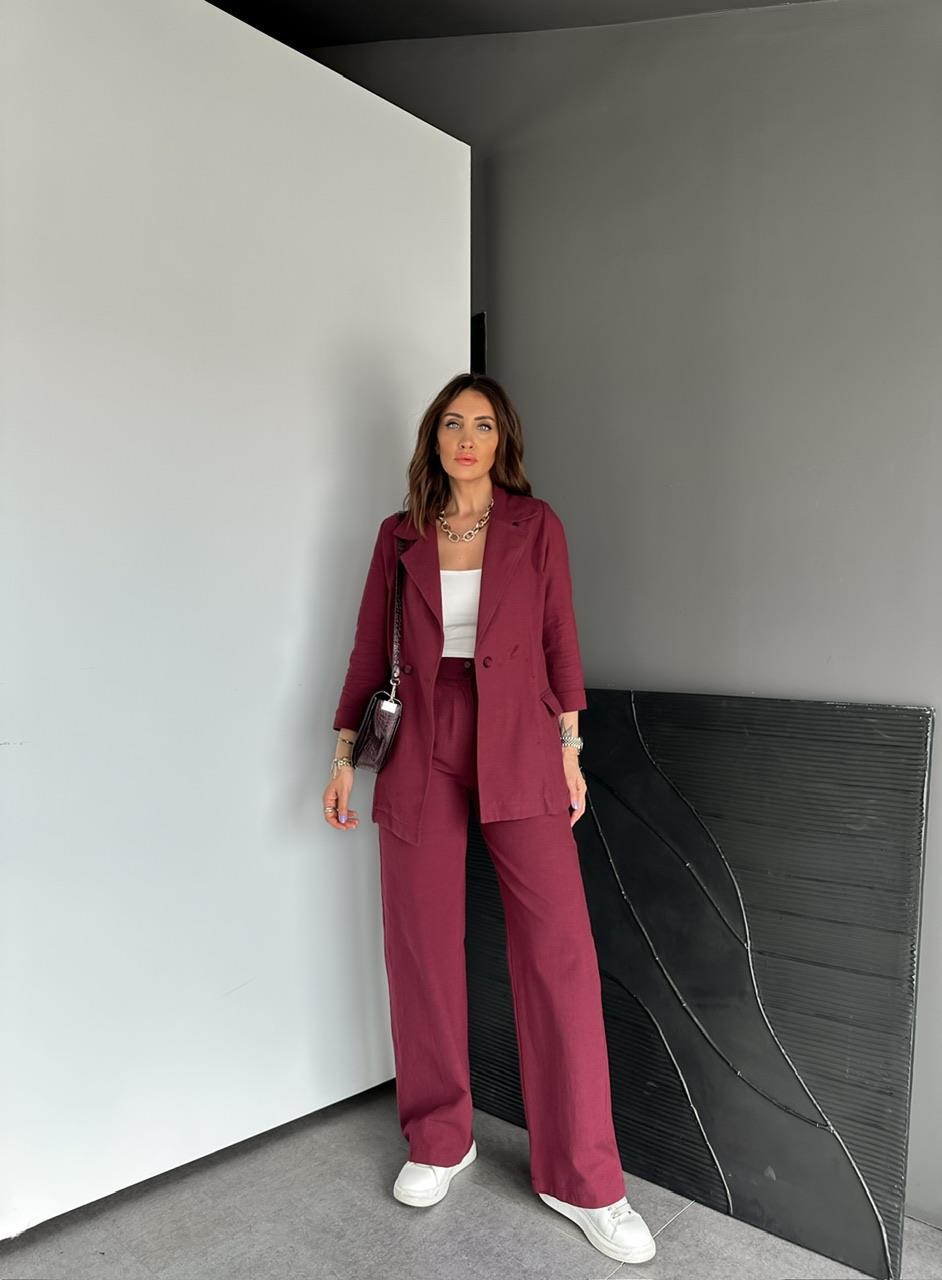 Bordo Ceket Pantolon Keten Şık Takım