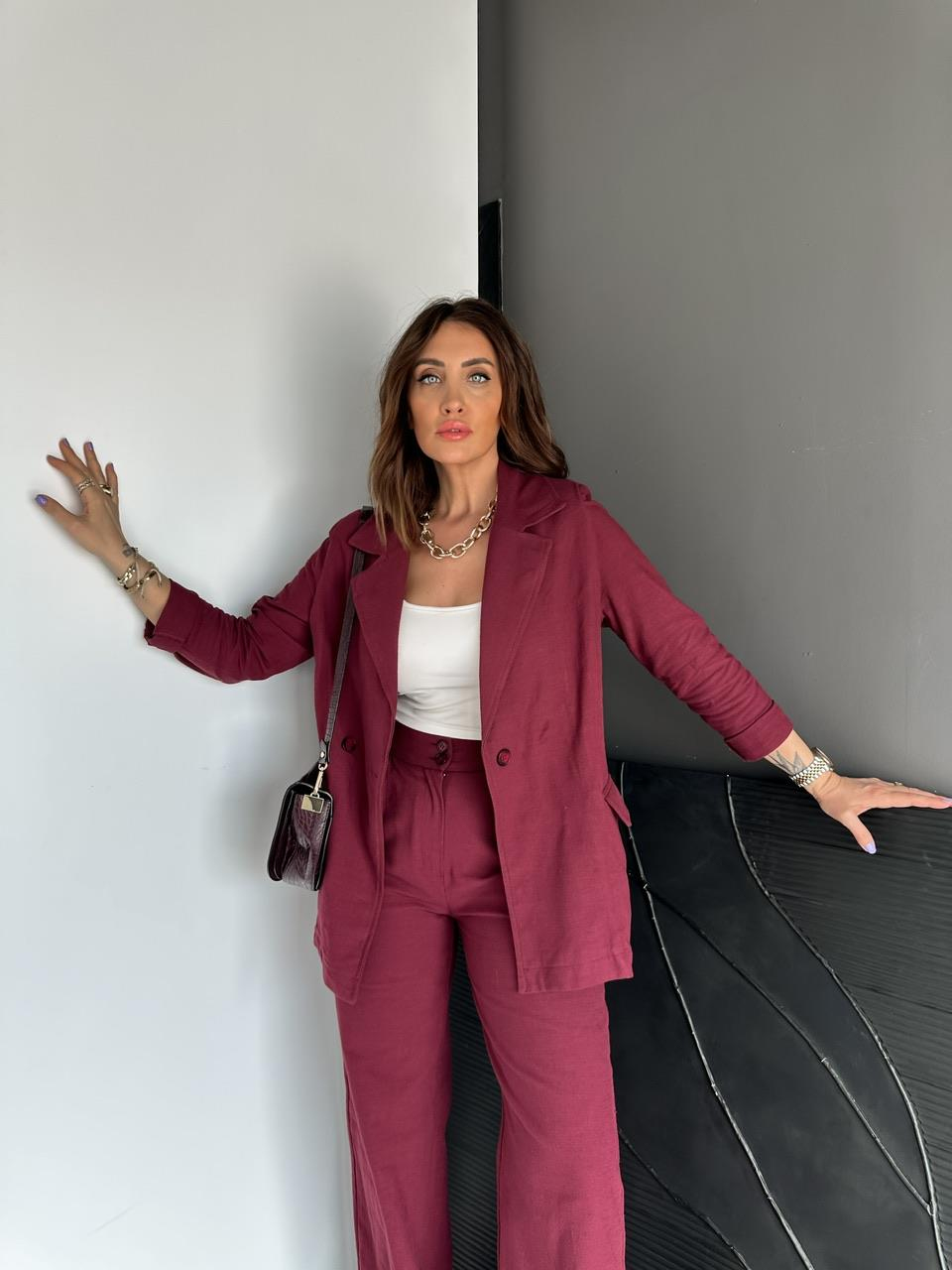 Bordo Ceket Pantolon Keten Şık Takım