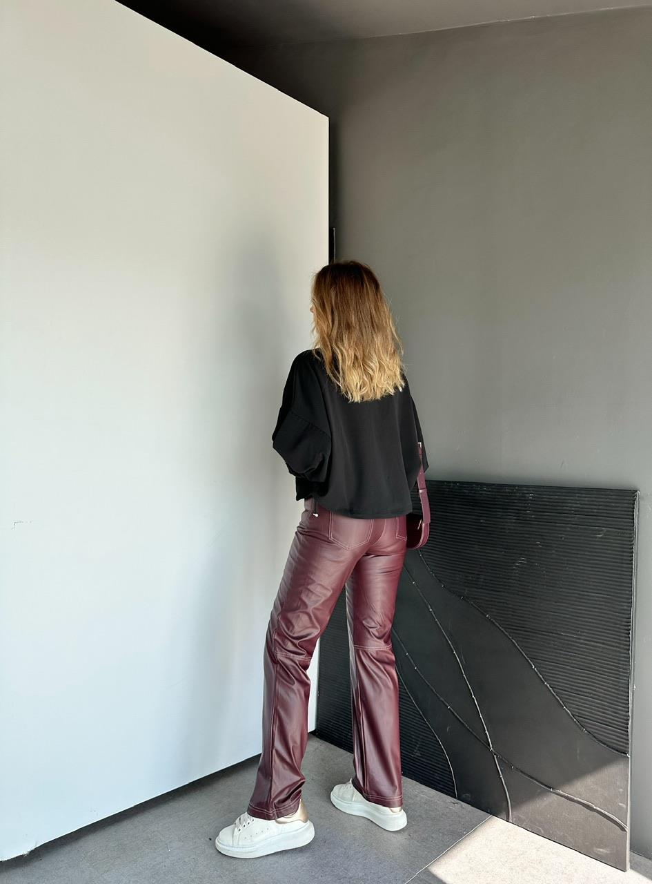 Bordo Cepli Dikişli Premium Deri Pantolon