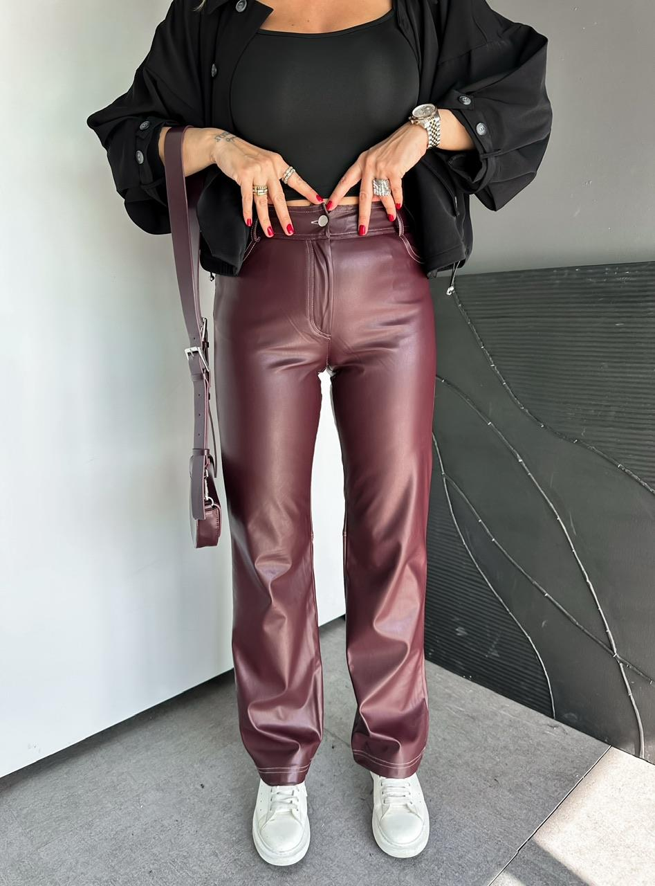 Bordo Cepli Dikişli Premium Deri Pantolon