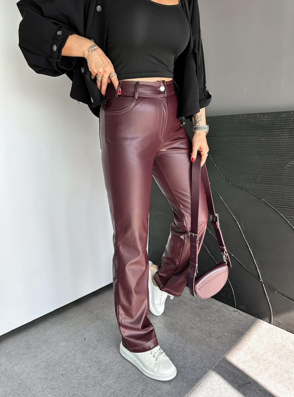 Bordo Cepli Dikişli Premium Deri Pantolon