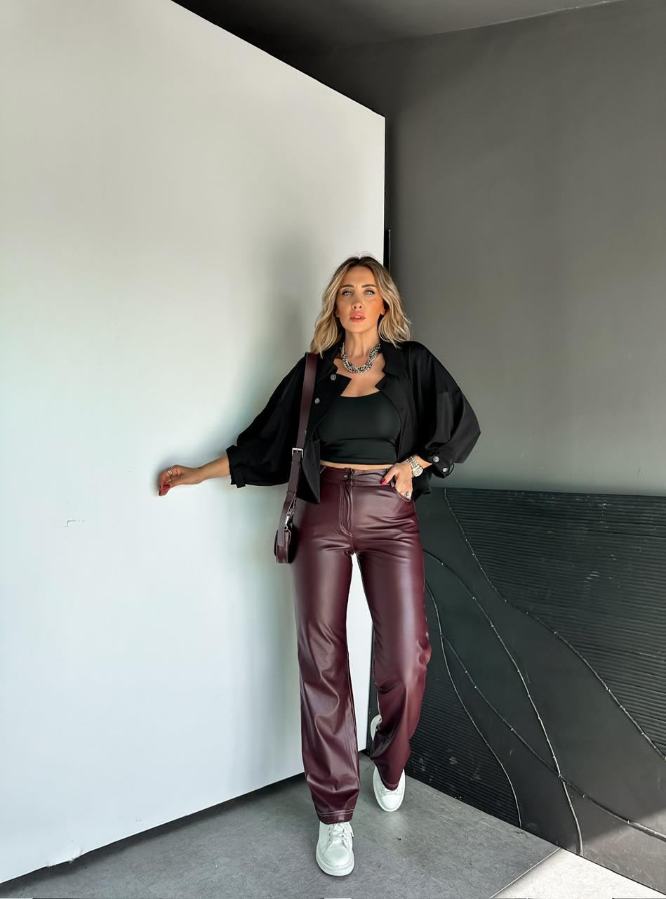Bordo Cepli Dikişli Premium Deri Pantolon