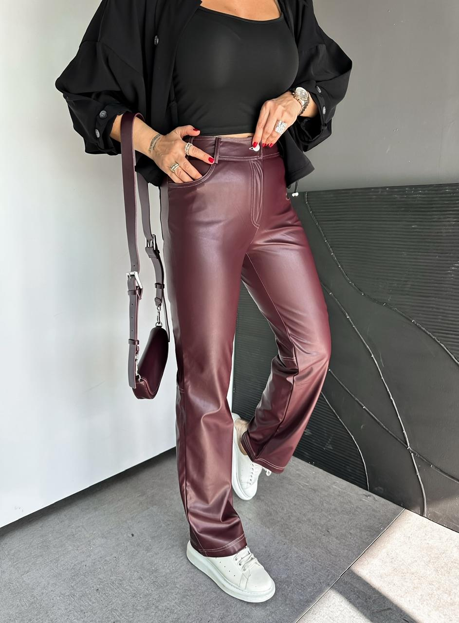 Bordo Cepli Dikişli Premium Deri Pantolon