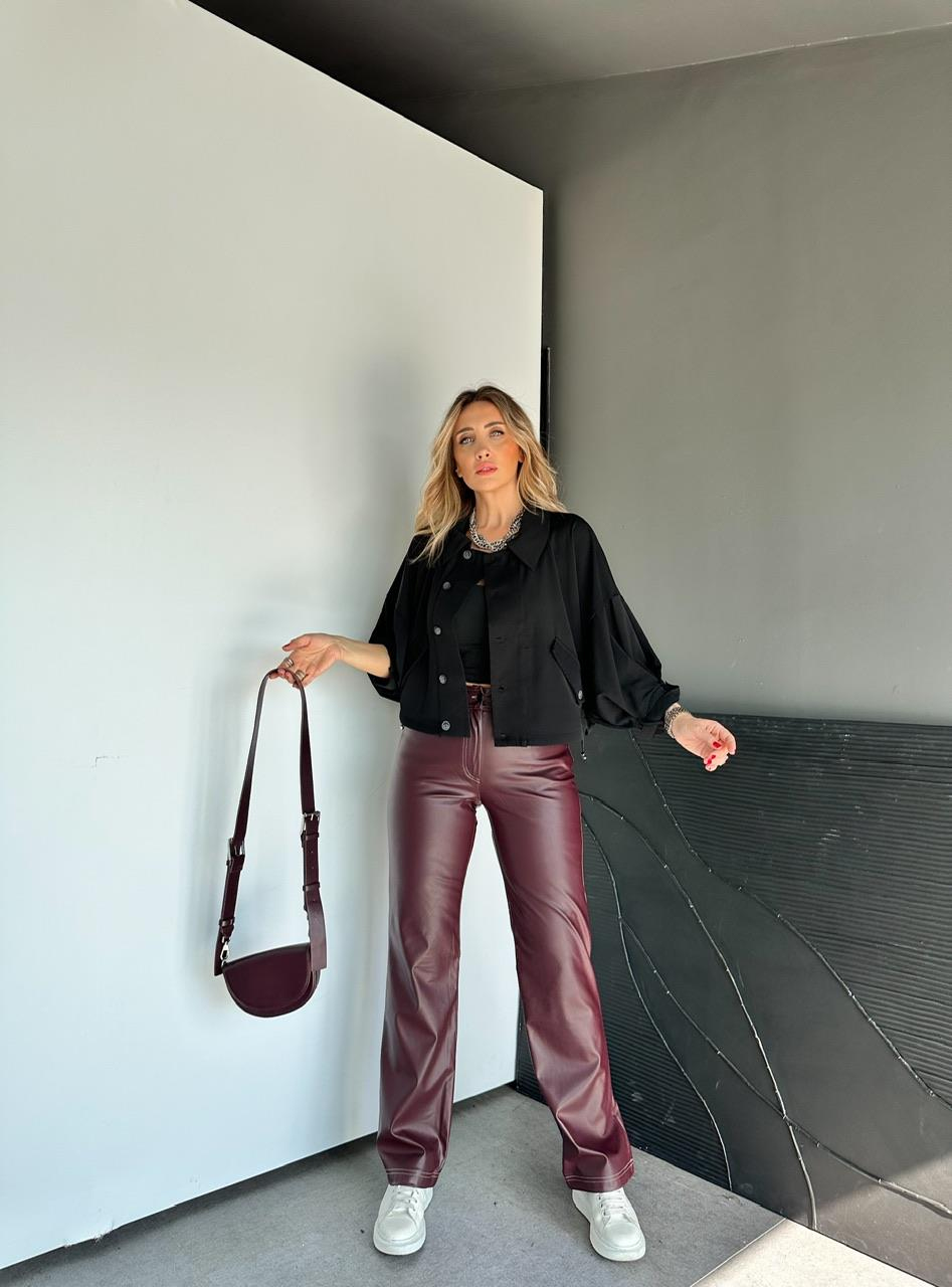 Bordo Cepli Dikişli Premium Deri Pantolon